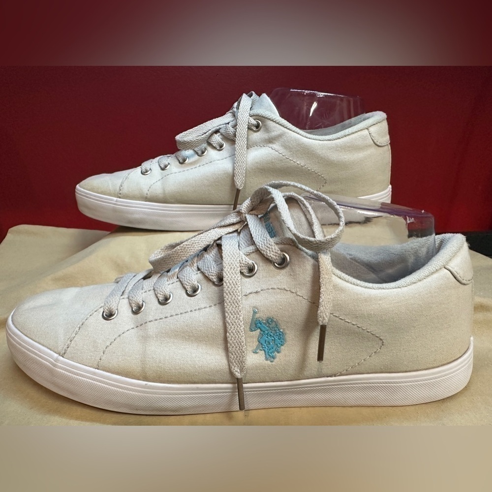 US Polo Assn Sneakers Cherish-C Women’s Size 10M Bone Color Canvas Lt Blue Logos